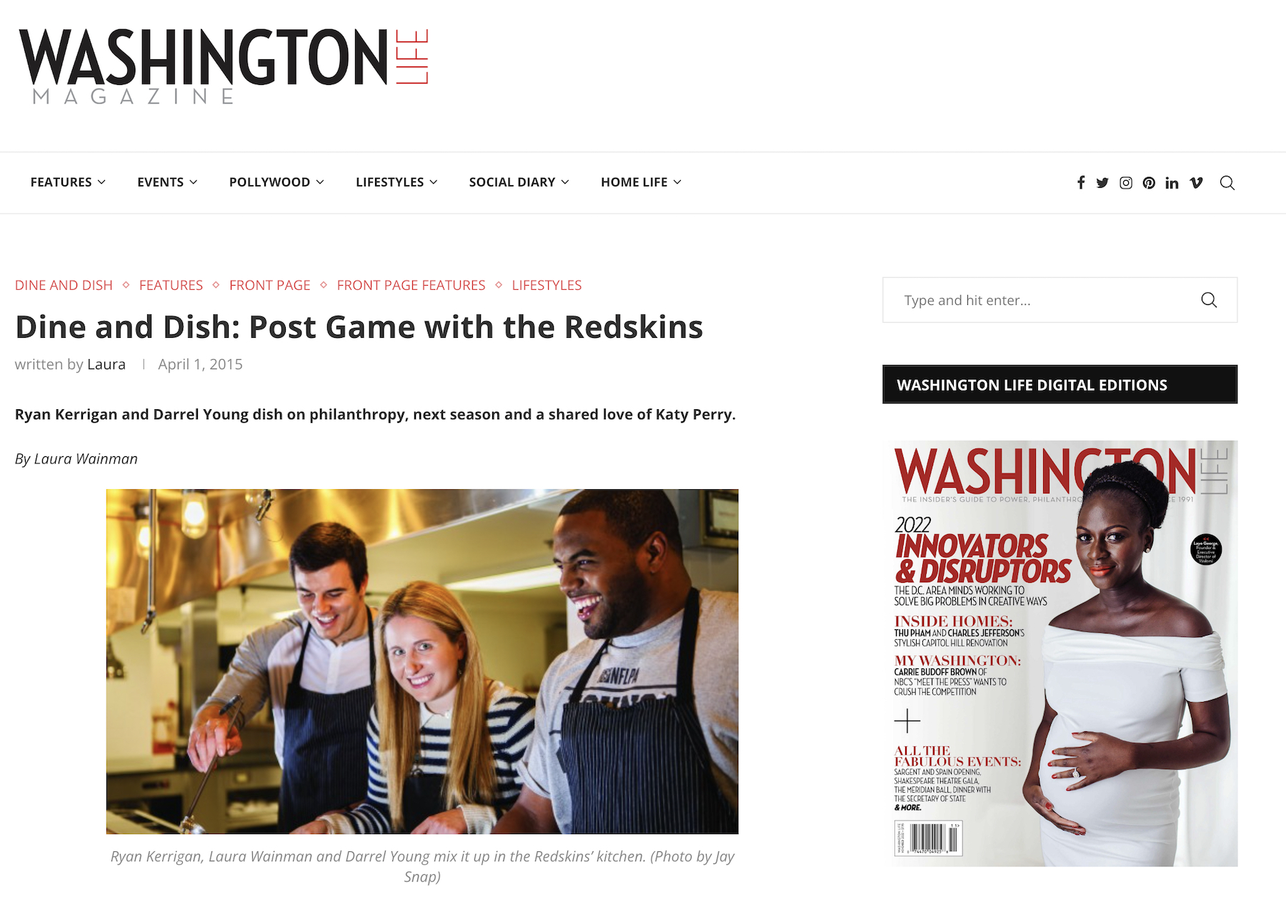 Ryan Kerrigan, Laura Wainman and Darrel Young mix it up in Redskins(Commanders) Kitchen - Photo by Jay Snap